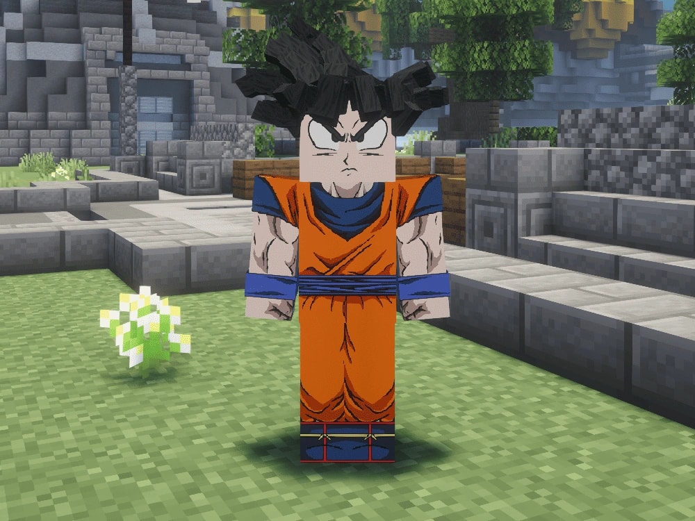 Personaje saiyajin frente al templo del servidor